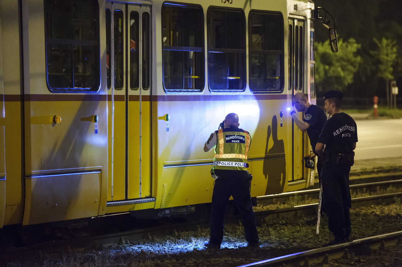 Budapest, 2018. augusztus 5.
Rendőrök helyszínelnek Budapesten, a Soroksári úton, ahol a Müpa - Nemzeti Színház megállónál halálra gázolt egy gyalogost egy 2-es villamos 2018. augusztus 5-ére virradó éjjel.
MTI Fotó: Lakatos Péter