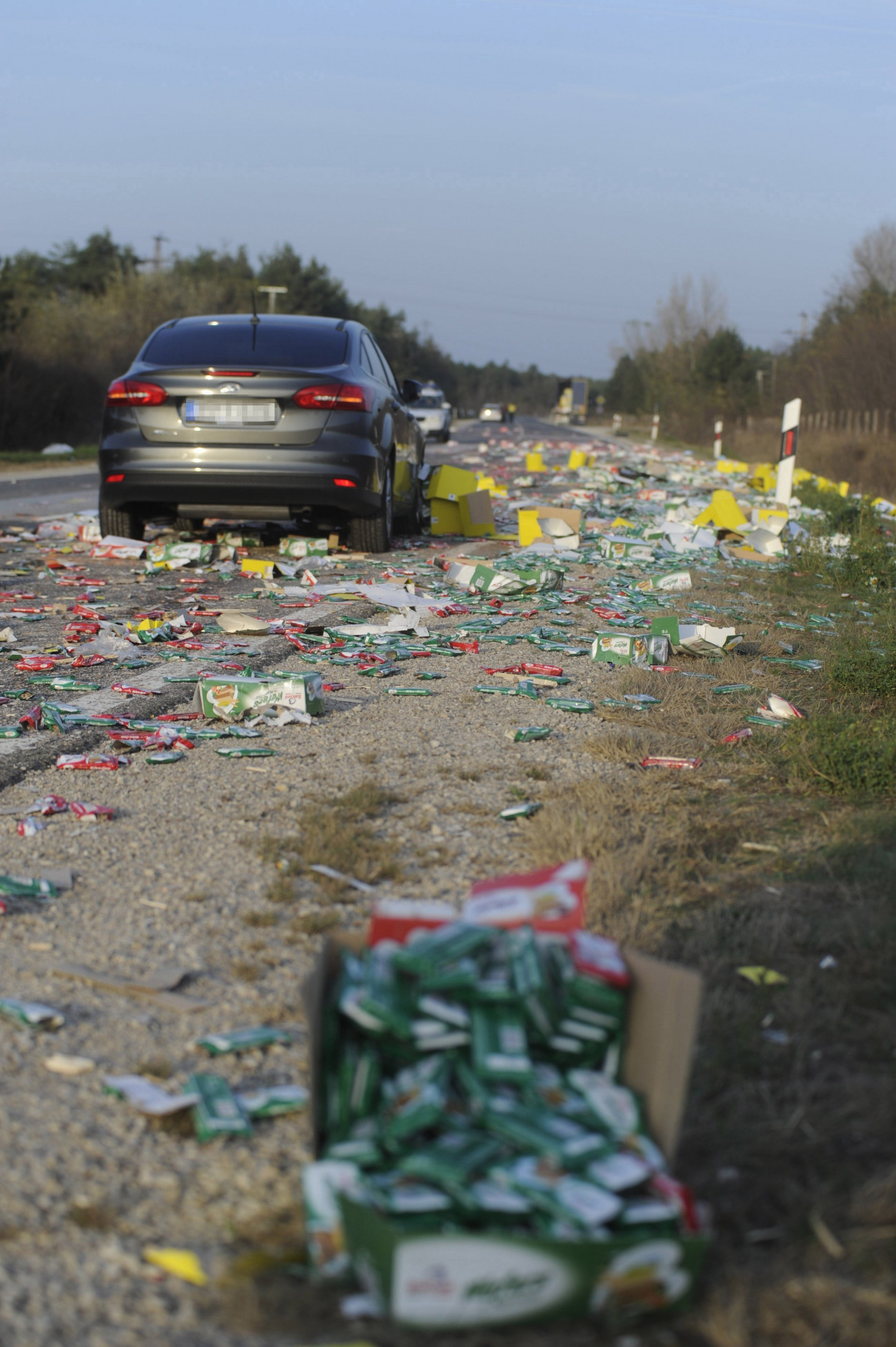 Újhartyán, 2018. november 7.
Szétszóródott nápolyi és csoki a 405-ös út 14-es kilométerénél, Újhartyán külterületén, ahol nyerges vontató ütközött össze egy tehergépkocsival 2018. november 7-én. A balesetben egy ember megsérült.
MTI/Mihádák Zoltán