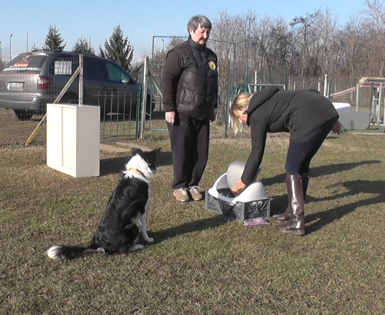 A kutya megfigyeli, ahogy a demonstrátor kinyitja a szemetes fedelét