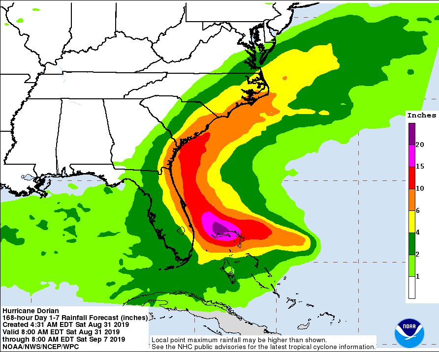 A Dorian hurrikán által okozott esőzés kiterjedése és erőssége (forrás: NOAA)
