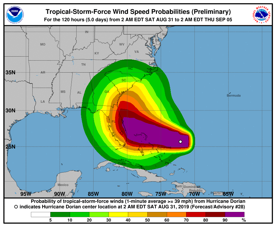 A Dorian hurrikán által okozott szél iránya és erőssége (forrás: NOAA)