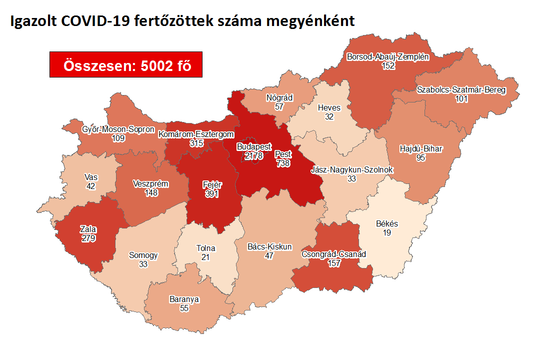 Az összes eddig regisztrált koronavírus-megbetegedés száma megyei bontásban (Forrás: koronavirus.gov.hu)