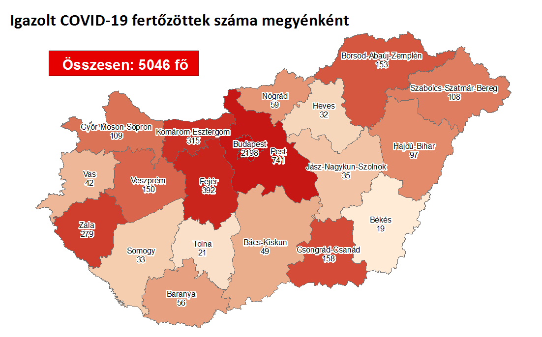 Az eddig regisztrált koronavírus-megbetegedések száma megyei bontásban (Forrás: koronavirus.gov.hu)