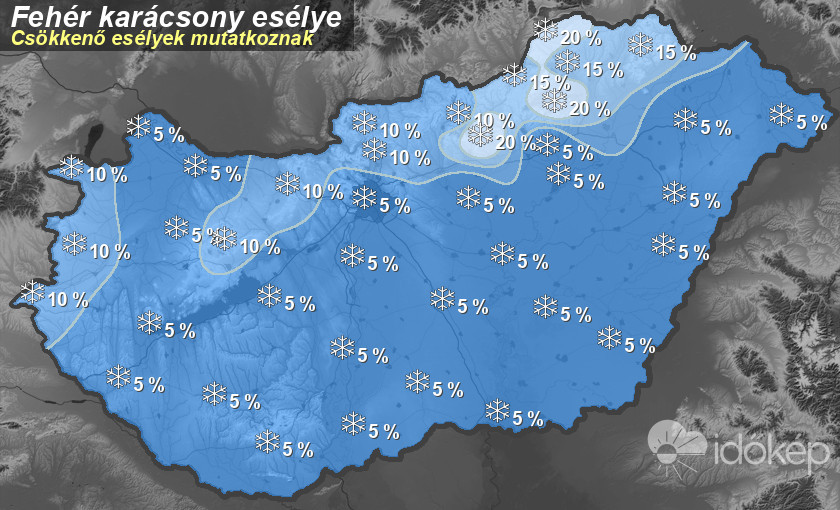 Az minimum 1 centiméteres hótakaró kialakulásának százalékban kifejezett esélyei a szentestére vonatkozóan. A síkvidéki hótakarónak minimális a valószínűsége, de a hegyvidéki területeken sincs sokkal nagyobb esély a fehérségre. (Forrás: Időkép)