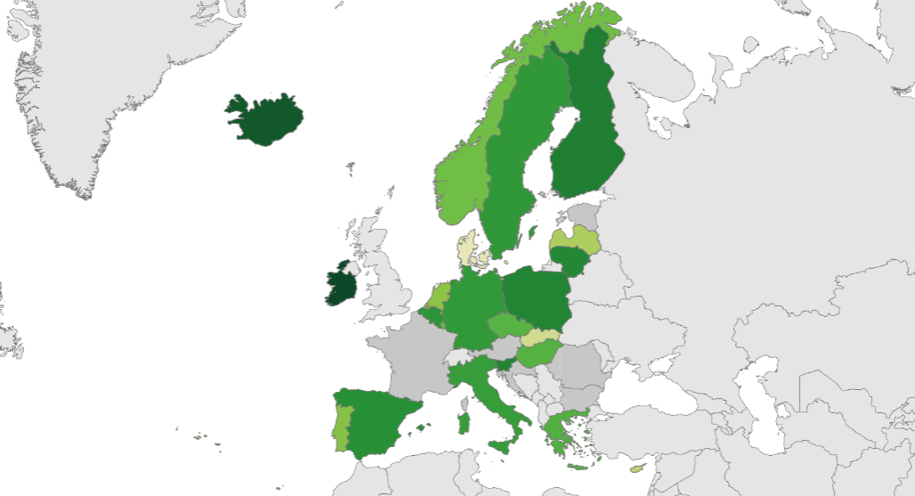 Az első oltást felvevők aránya az adatszolgáltatásban részt vevő országokban (Forrás: ECDC/EuroGraphics/UN-FAO/Turkstat)