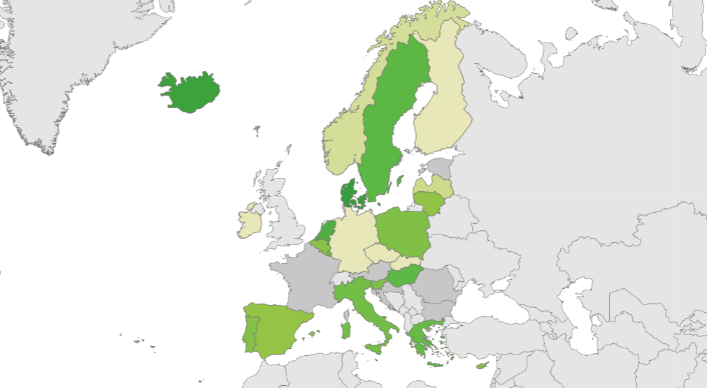 Száz emberre jutó kiszállított oltások száma a 0–9,8-as skálán (Forrás: ECDC/EuroGraphics/UN-FAO/Turkstat)