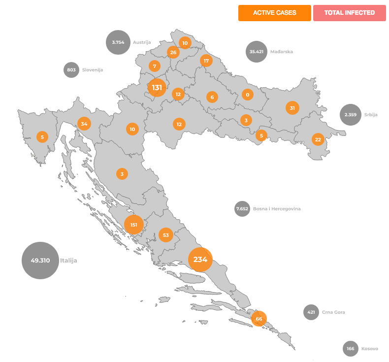 Az elmúlt 24 órában regisztrált új fertőzöttek száma Zadar, valamint Split-Dalmácia régióban a legmagasabb (Forrás: www.koronavirus.hr)