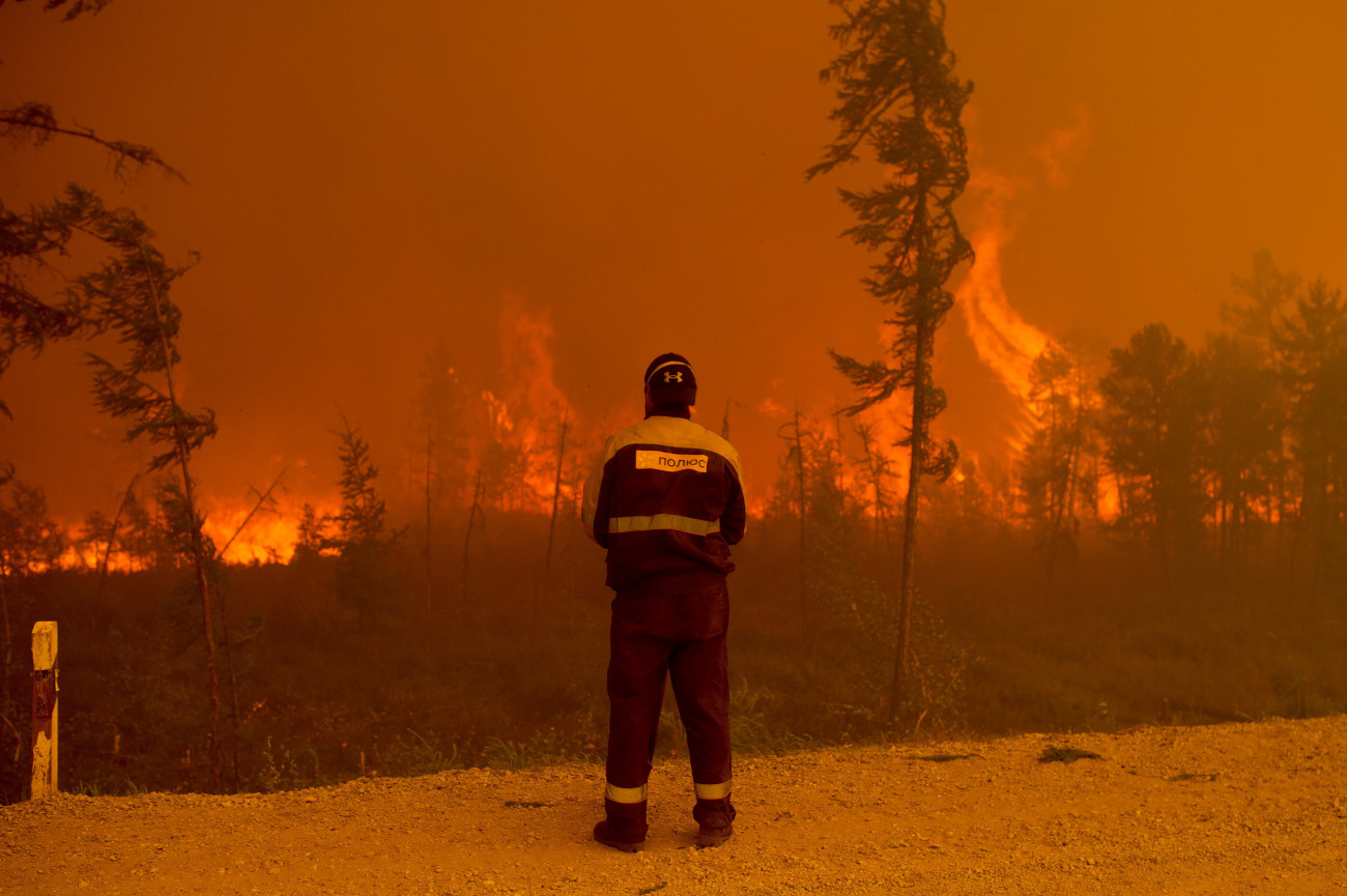 Kjujoreljah, 2021. augusztus 8.
Erdőtüzet figyel egy tűzoltó a jakutföldi Gornij járásban fekvő Kjujoreljah település közelében 2021. augusztus 7-én. Jakutföldön mintegy négymillió hektár erdő égett le az előző hetekben, és tizenhat települést fenyegetnek erdőtüzek.
MTI/AP/Ivan Nyikiforov