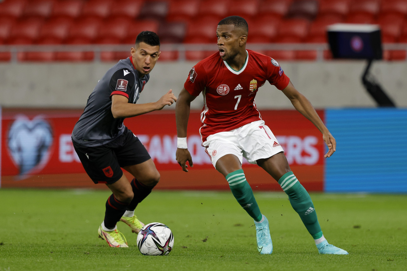 BUDAPEST, HUNGARY - OCTOBER 09: LoĂŻc NĂŠgo of Hungary in action during the 2022 FIFA World Cup Qualifier match between Hungary and Albania at Puskas Arena on October 09, 2021 in Budapest, . (Photo by Laszlo Szirtesi/Getty Images)