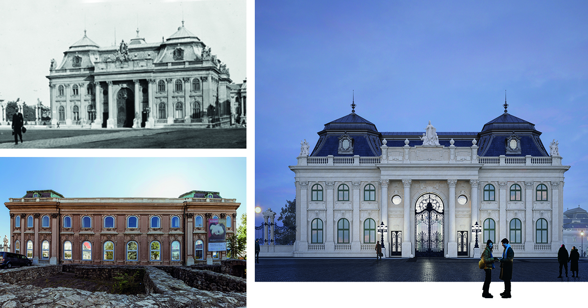 A Budavári Palota A épülete a századfordulós bővítés után, napjainkban és az újjászületés után – Forrás: Várkapitányság