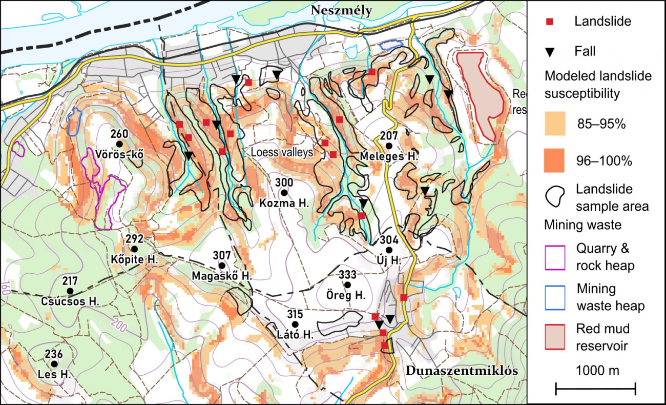 Részlet a Gerecse földtani veszélyforrásait bemutató térképből. A kivágaton Neszmély és Dunaszentmiklós környezete látható, a területen igen jellemző a felszínmozgásos tevékenység, és itt található egy nagy kiterjedésű, rekultiválatlan vörösiszap-zagytározó is.
ELTE