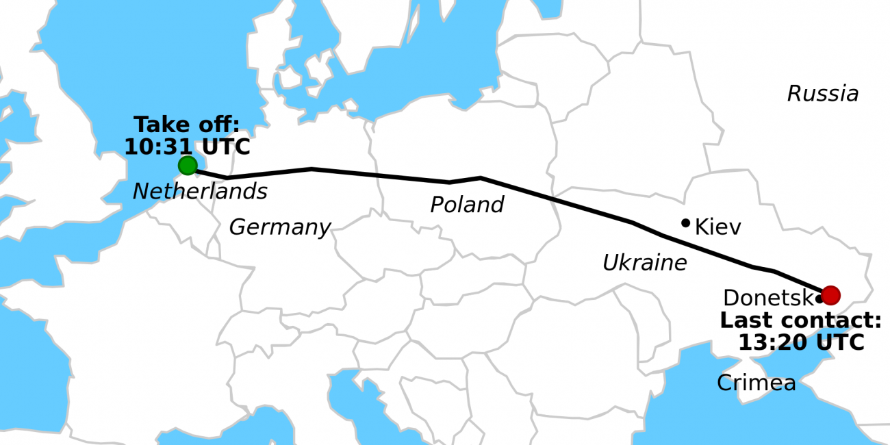 A maláj légitársaság MH17-es járatának útvonala a lelövés helyszínéig. Forrás:Wikipédia