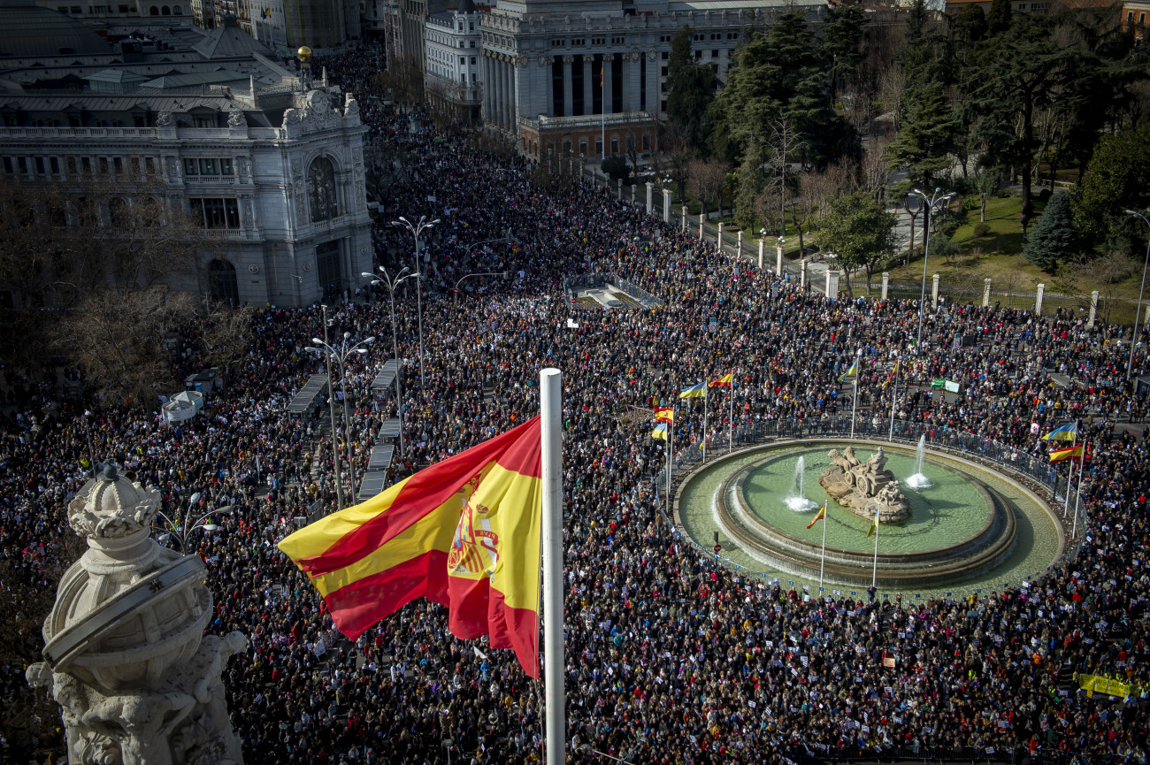 MADRID, SPAIN - FEBRUARY 12: Thousands of people demonstrate against the dismantling of Public Healthcare, in the protest under the slogan 'Madrid stands up and demands public healthcare', in the Plaza de Cibeles, on 12 February, 2023 in Madrid, Spain. Associations, collectives and different cultural faces have encouraged citizens to attend this protest, which starts from four columns, against the healthcare model of the Community of Madrid, especially for the situation of Primary Care and Out-of-Hospital Emergencies, which support the healthcare system. The march supports the indefinite strike of doctors in 24-hour care centers which began on November 7 to denounce the chaos and lack of protection for the population of an out-of-hospital emergency plan, implemented 'without sufficient staff' to provide the service. (Photo By Juan Barbosa/Europa Press via Getty Images)