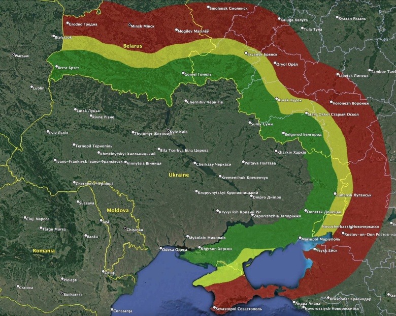Az új amerikai rakéták hatótávolsága: zöld a GMLRS (92 km hatótáv), a sárga az ER GMLRS és GLSDB (150 km), a piros az ATACMS rakéták (300 km)
Forrás:Twitter/Ukraine Battle Map
