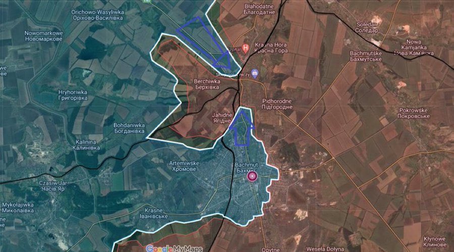 A hadi helyzet a kelet-ukrajnai Bahmut város körül 2023.03.07-én. Forrás:Twitter/Malinda