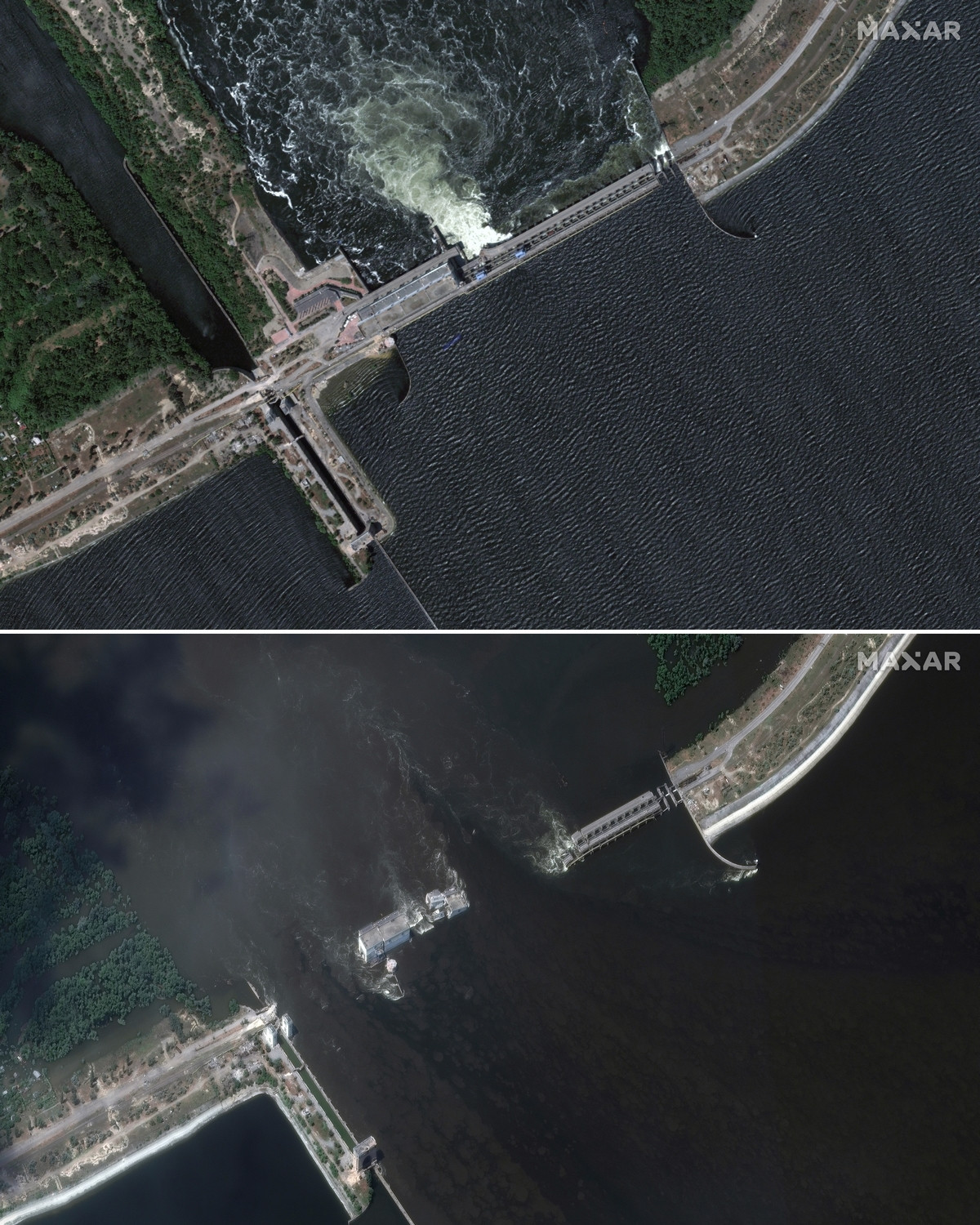 NOVA KAKHOVKA DAM, UKRAINE -- JUNE 5, 2023:  01 Maxar satellite imagery of the before/after close-up views of Nova Kakhovka dam and hydroelectric power facility.  Please use: Satellite image (c) 2023 Maxar Technologies.