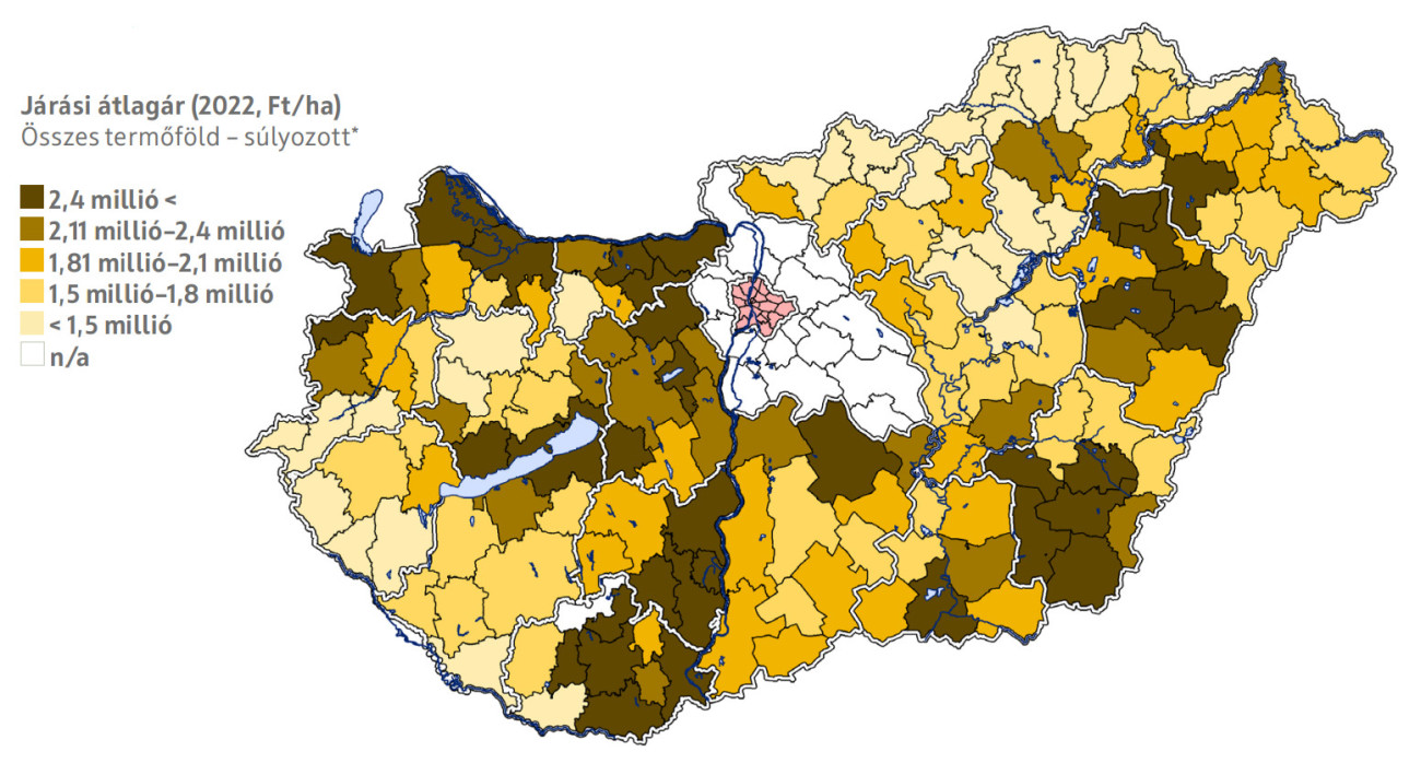 *A művelési ágakra jellemző átlagárak járásonként súlyozva az eladott hektárterületekkel.
n/a: Nem volt legalább tíz értékelhető adattartalmú eladás 2022 vizsgált időszakában.