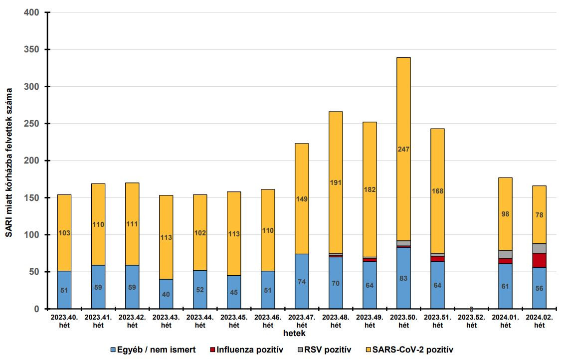 SARI miatt kórházba felvettek száma a kimutatott kórokozók szerint 2023.40. hét-2024.02. hét. Forrás: Nemzeti Népegészségügyi és Gyógyszerészeti Központ