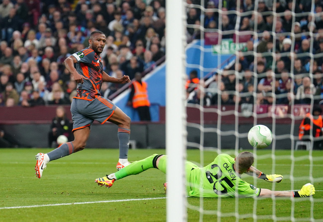 Olympiacos' Ayoub El Kaabi scores their second goal of the game during the UEFA Conference League semi-final, first leg match at Villa Park, Birmingham. Picture date: Thursday May 2, 2024. (Photo by David Davies/PA Images via Getty Images)