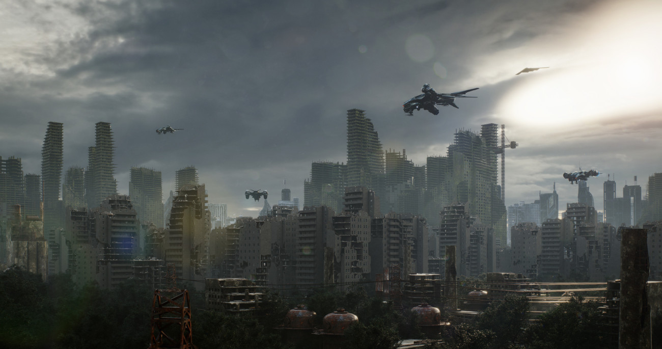 Digitally generated post-apocalyptic scene depicting a desolate urban landscape with tall buildings in ruins, overgrown vegetation and lots of rogue A.I. airborne VTOL-capable non-Humanoid UAVs (drone), featuring a devastating array of under-slung and wing-mounted lasers, missiles, and laser small cannons. 

The scene was created in AutodeskÂŽ 3ds Max 2023 with V-Ray 6 and rendered with photorealistic shaders and lighting in ChaosÂŽ Vantage with some post-production added.