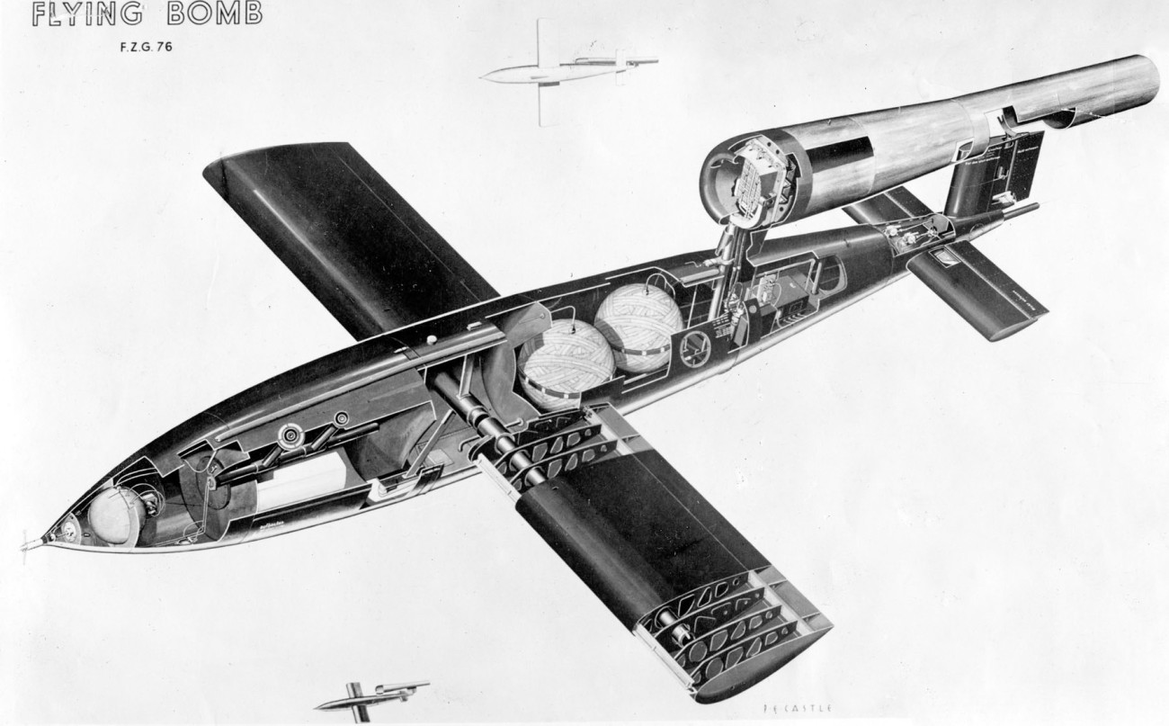 A V–1 belső szerkezete részben feltárva (Wikipédia/U.S. Air Force)
