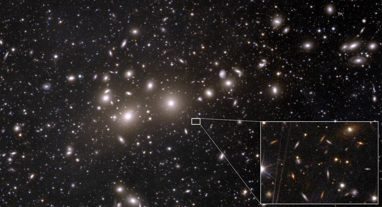 Ez a Euclid által készített elképesztő részletességű felvétel forradalmi változást hoz a csillagászatban. A képen az 1000 galaxist tartalmazó Perseus-halmaz  valamint több mint 100,000 további galaxis a háttérben, melyek mindegyikben akár több százmilliárd csillag található. Számos ezek közül a halvány galaxisok közül korábban nem voltak látható, néhányuk pedig olyan távoli, hogy fényük 10 milliárd év alatt ért el hozzánk. A Galaxy Zoo: Euclid projekt a nyilvánosságot most arra kéri, hogy osztályozzák az effajta galaxisoknak az alakját a Euclid további hasonló képein is. A galaxisok eloszlásának és alakjának feltérképezésével az asztrofizikusok többet tudhatnak meg azokról a folyamatokról, amelyek formálták a ma látott Univerzumot. Credit: ESA/Euclid/Euclid Consortium/NASA, a képet feldolgozta J.-C. Cuillandre (CEA Paris-Saclay) és G. Anselmi. Nagyított téglalap hozzáadva a Euclid kommunikációs csapatának munkatársai által.