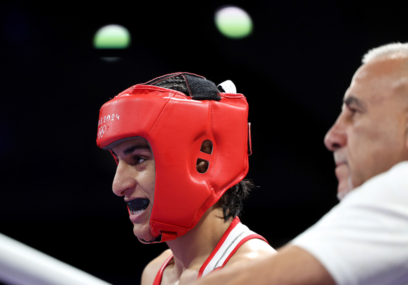 PARIS, FRANCE - AUGUST 01: Imane Khelif of Team Algeria looks on prior to the Women's 66kg preliminary round match against Angela Carini of Team Italy on day six of the Olympic Games Paris 2024 at North Paris Arena on August 01, 2024 in Paris, France. (Photo by Richard Pelham/Getty Images)