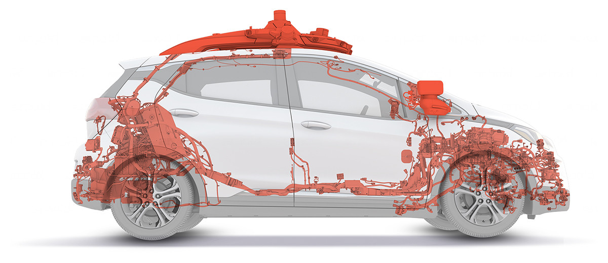 A Criuse robottaxik érzékelői, elektronikái, és az őket összekapcsoló hálózat. Ezek a kocsik valójában, bár teljesen önállóan közlekednek, csak 4. szintűek az önvezetésben, mert kizárólag egy-egy jól behatárolt területen belül közlekednek. Forrás: Az Autó