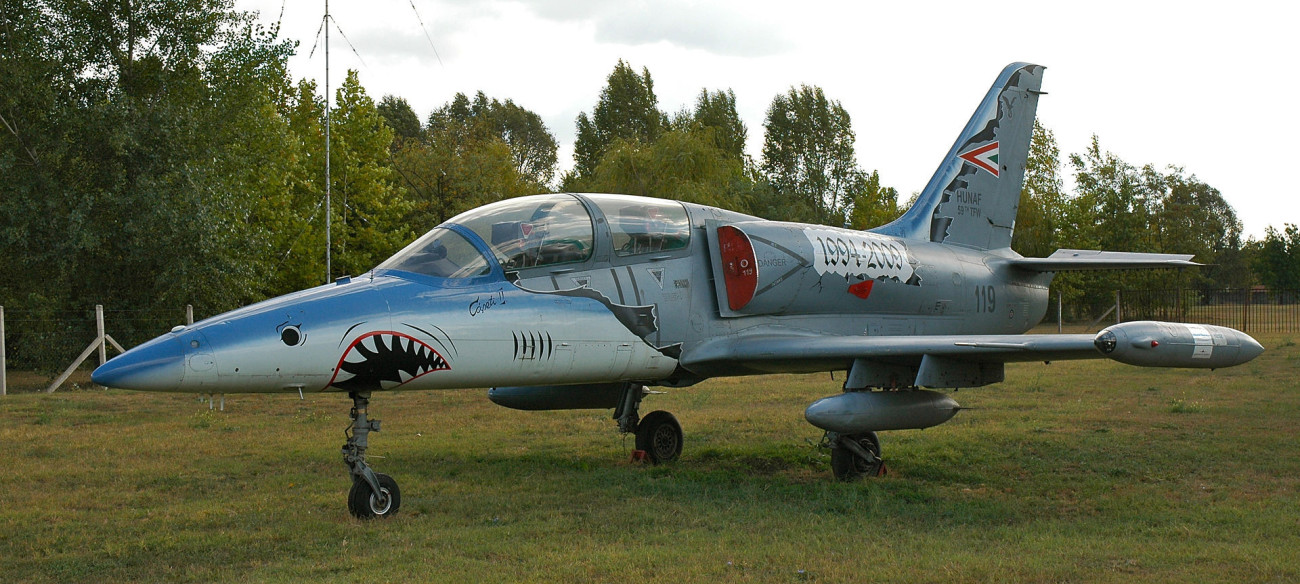 A magyar légierő egyik utolsó L-39 Albatros gyakorló gépe, a különleges festésű, 119-es oldalszámú, Cápeti, a szolnoki repülőmúzeumban. Forrás: Wikipédia