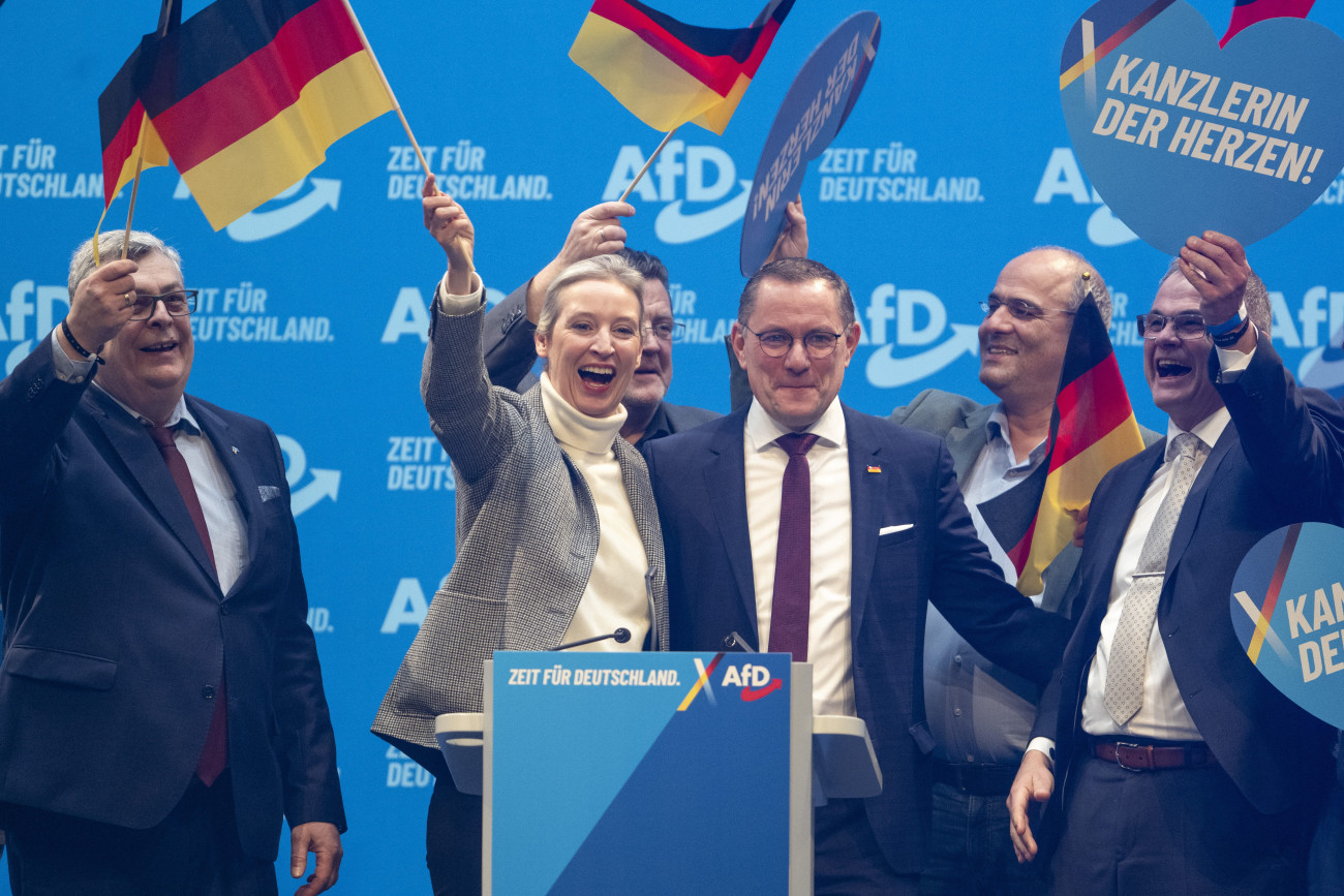 12 January 2025, Saxony, Riesa: The members of the AfD Federal Executive Committee: Carsten HĂźtter (l-r), Alice Weidel, Tino Chrupalla, Peter Boehringer and Heiko Scholz stand on stage at the end of their party's Federal Party Conference. The AfD adopted its election manifesto in Riesa. Photo: Sebastian Kahnert/dpa (Photo by Sebastian Kahnert/picture alliance via Getty Images)