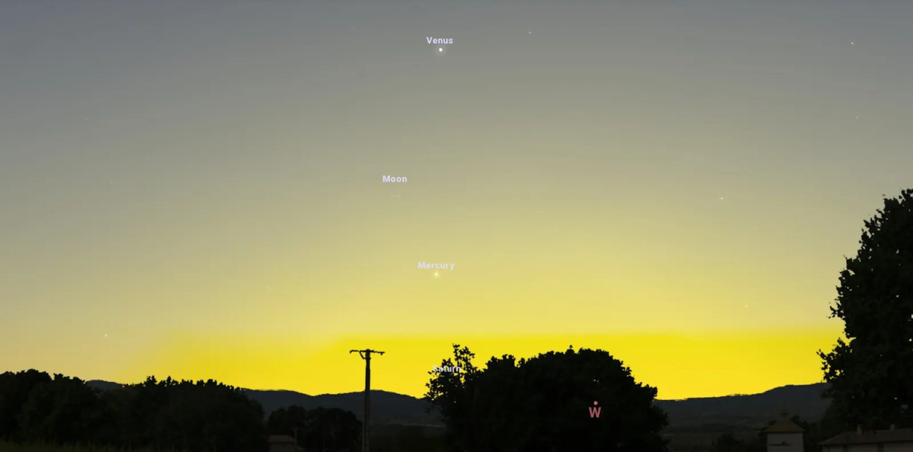 Március 1-én, 18:00 után a ragyogó Merkúr és a vékony holdsarló párosát csodálhatjuk meg a nyugati égbolton, föntebb a Vénusz ragyog. FORRÁS: Stellarium-web.org