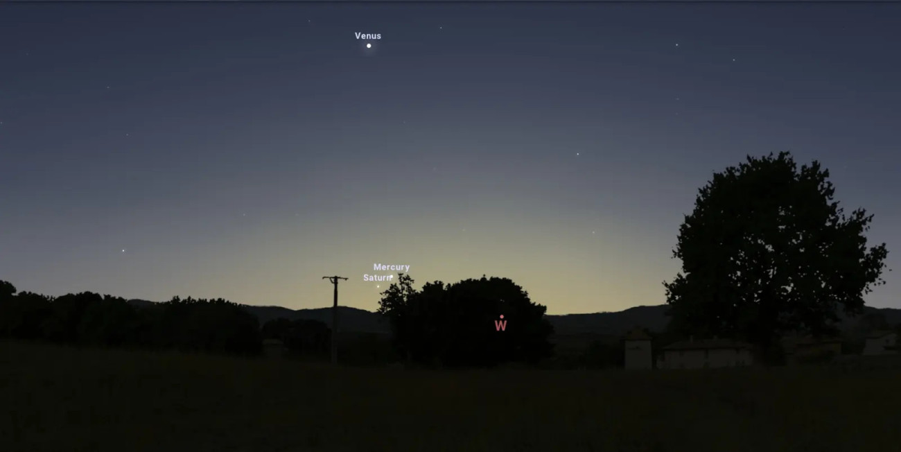 Február 25-én 18:08-kor a Merkúr és a Szaturnusz párosa még igen közel jár a látóhatárhoz. (Forrás: Stellarium-web.org)