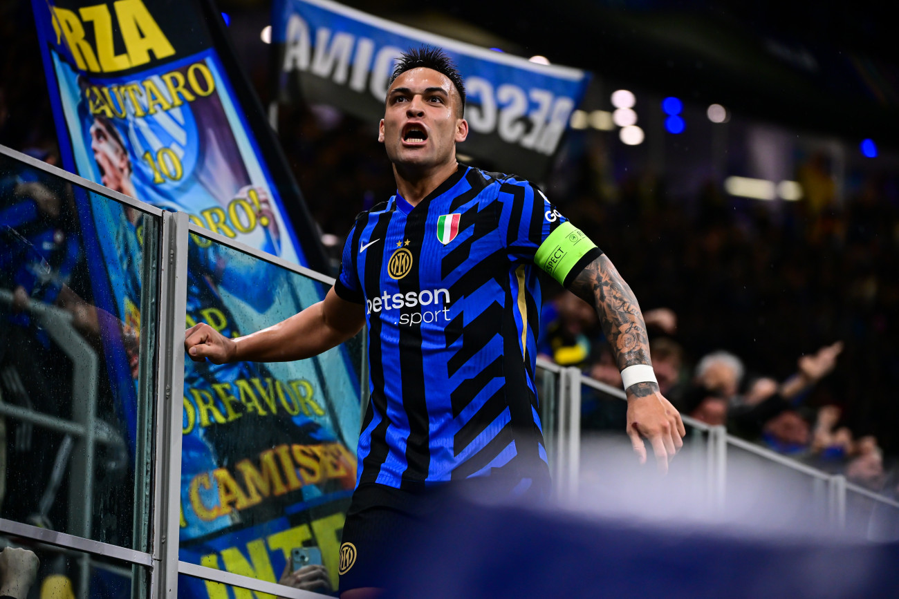MILAN, ITALY - APRIL 16: Lautaro Martinez of Inter Milan celebrates after scoring his team first goal   during the UEFA Champions League second leg quarter-final football match between Inter Milan and Bayern Munich at the San Siro Stadium Milan, Italy on April 16, 2025 (Photo by Piero Cruciatti/Anadolu via Getty Images)