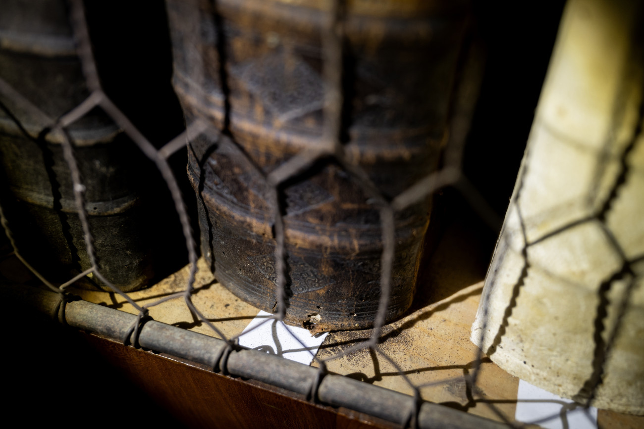 Pannonhalma, 2025. május 23.
Kenyérbogár által megrongált könyv a rovarinvázió miatt átmenetileg bezárt Pannonhalmi Főapátsági Könyvtár klasszicista teremkönyvtárában 2025. május 23-án. A fertőzést a kenyérbogár (Stegobium paniceum) elszaporodása okozta. A könyvtárat a fertőzésmentesítés idejére, június 1-jétől be kell zárni előreláthatólag 7 hónapig.
MTI/Krizsán Csaba