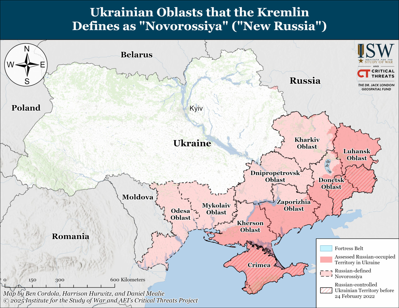 Az orosz hadsereg eddig Ukrajna a pirossal színezett részeit szállta meg. A rózsaszínnel jelzett területeket pedig Moszkva a békekötés feltételeként követeli és máris Novorosszijának - Új oroszországnak nevezi. Ábra: ISW