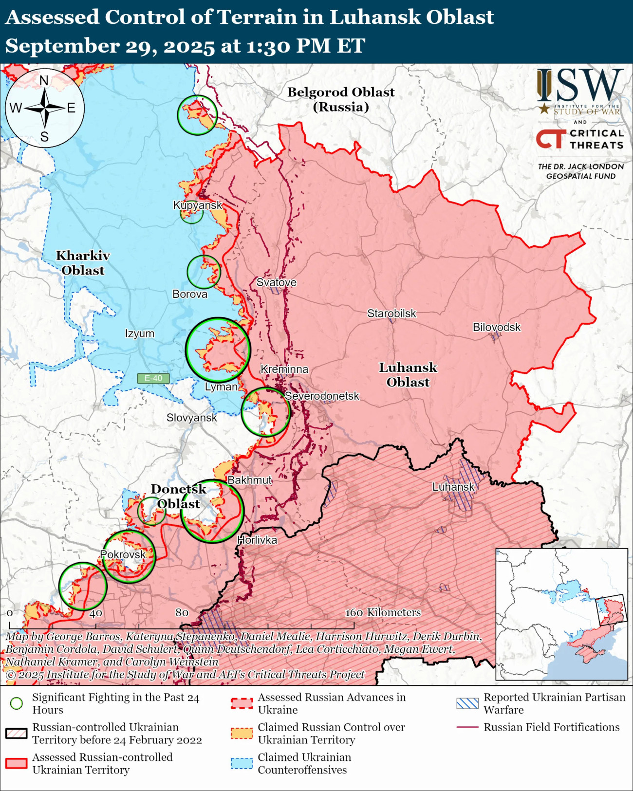 A kelet-ukrajnai hadi helyzet a washingtoni, Háborús Tanulmányok Intézetének (ISW) térképén. A zöld körrel jelölt területeken folytak a legádázabb harcok az elmúlt 24 órába.