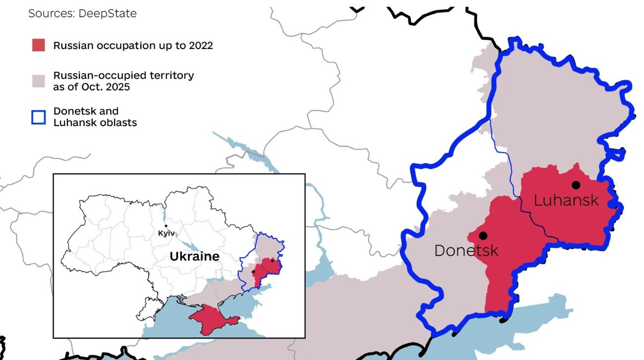 A Donbász térképe. A kék vonal a régió határát jelzi. Pirossal a két szakadár Népköztársaság, szürkével pedig az orosz hadsereg által meghódított területeket jelölték. Forrás: DeepState