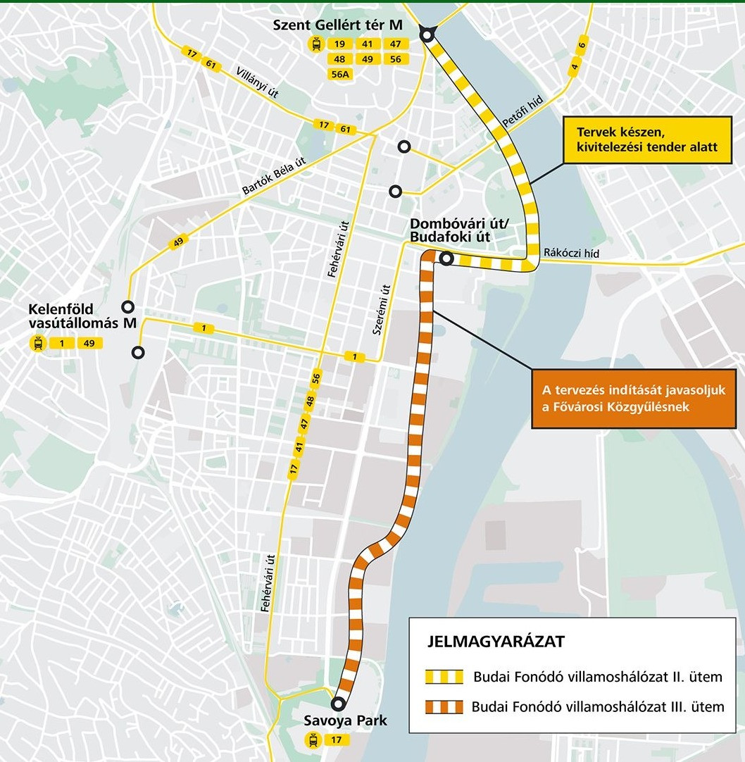 Egy térkép a budai fonódó villamos fejlesztéséről.