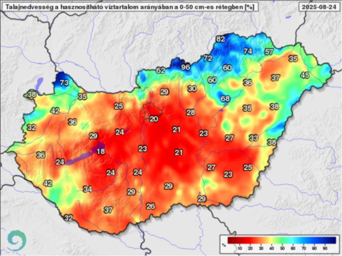 Talajnedvesség a talaj felső 50 centiméteres rétegében a növények számára hasznosítható vízmennyiség arányában. Forrás: HungaroMet