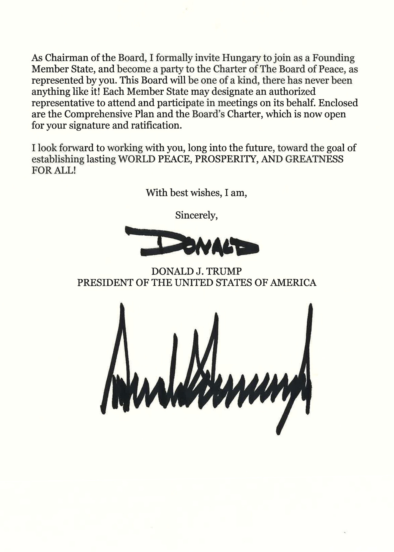 Budapest, 2026. január 18.
A Miniszterelnöki Kommunikációs Fõosztály által 2026. január 18-án közreadott képen Donald Trump amerikai elnök levele, amelyben meghívja Orbán Viktor miniszterelnököt a Gázai béketanácsba.
MTI/Miniszterelnöki Kommunikációs Fõosztály