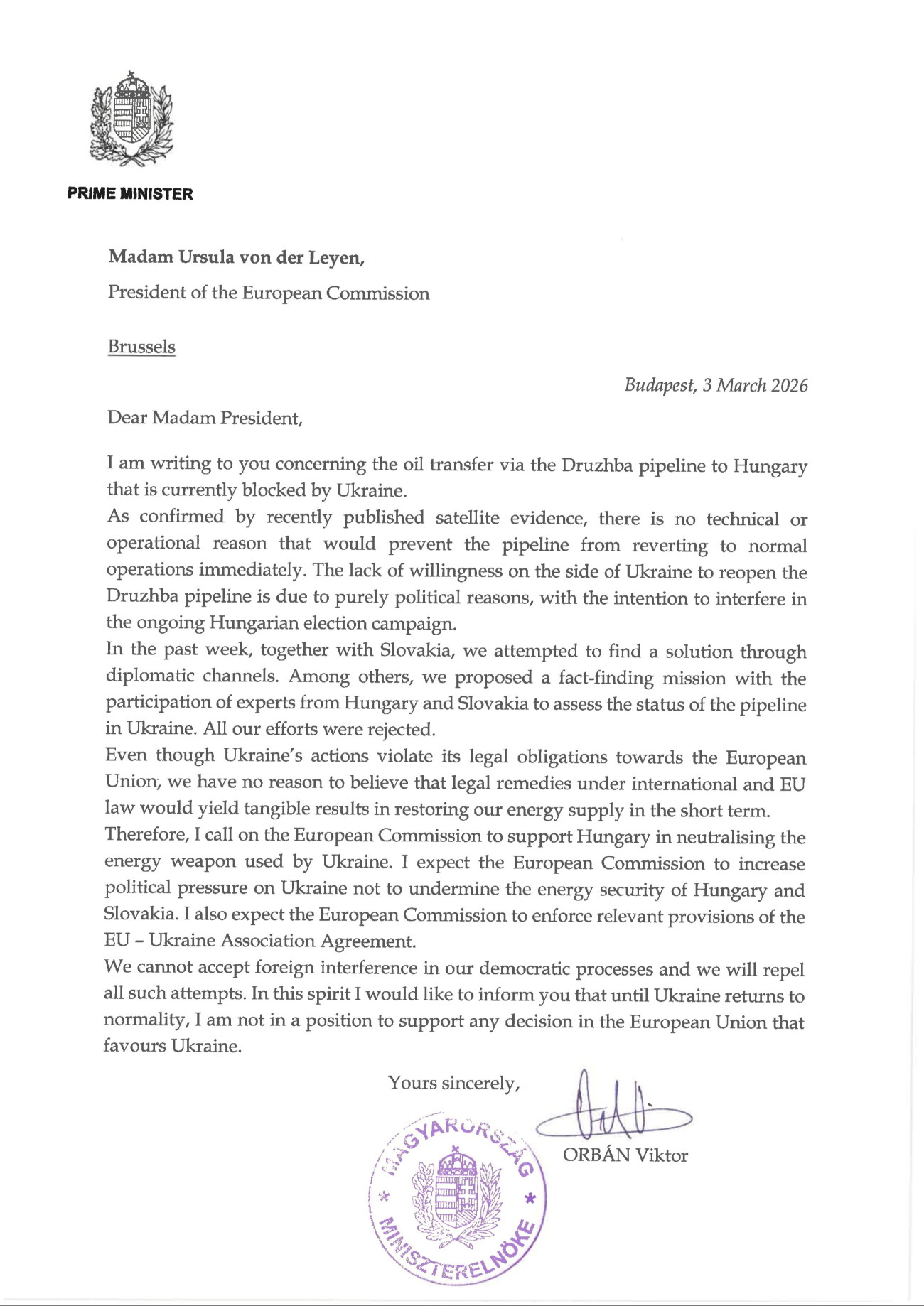 Budapest, 2026. március 3.
A Miniszterelnöki Kommunikációs Fõosztály által közreadott képen Orbán Viktor miniszterelnök Ursula von der Leyennek, az Európai Bizottság elnökének írt, 2026. március 3-i keltezésû levele.
MTI/Miniszterelnöki Kommunikációs Fõosztály