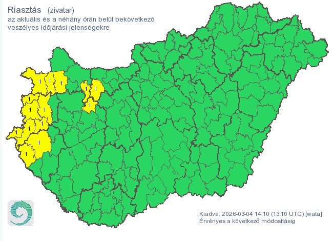 A HungaroMet elsőfokú figyelmeztetést adott ki zivatar miatt az ország nyugati területeire. Forrás: HungaroMet
