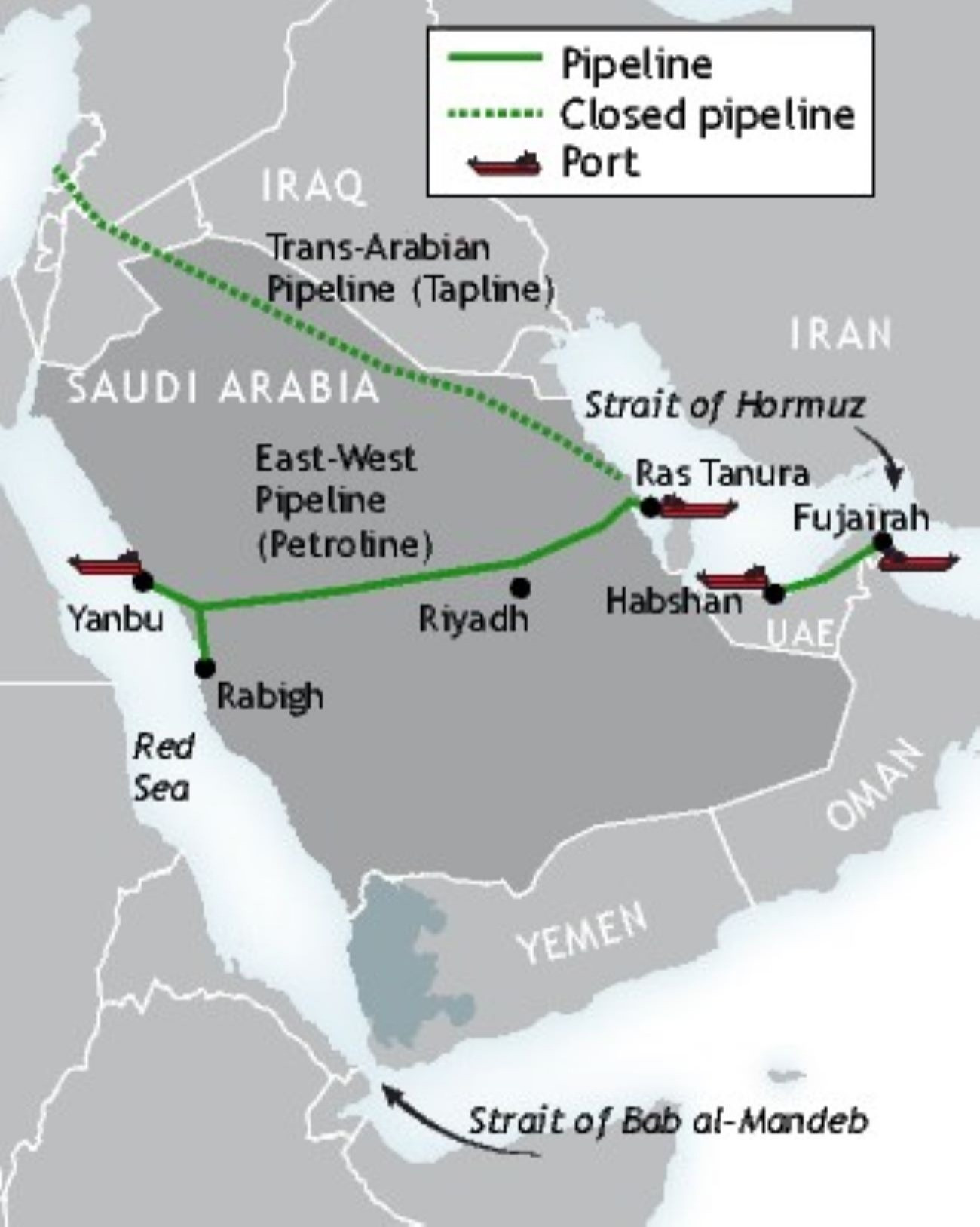 Olajvezetékek az Arab-félszigeten. Jelmagyarázat: zöld vonal - működő vezeték, zöld pontok - lezárt olajvezeték.