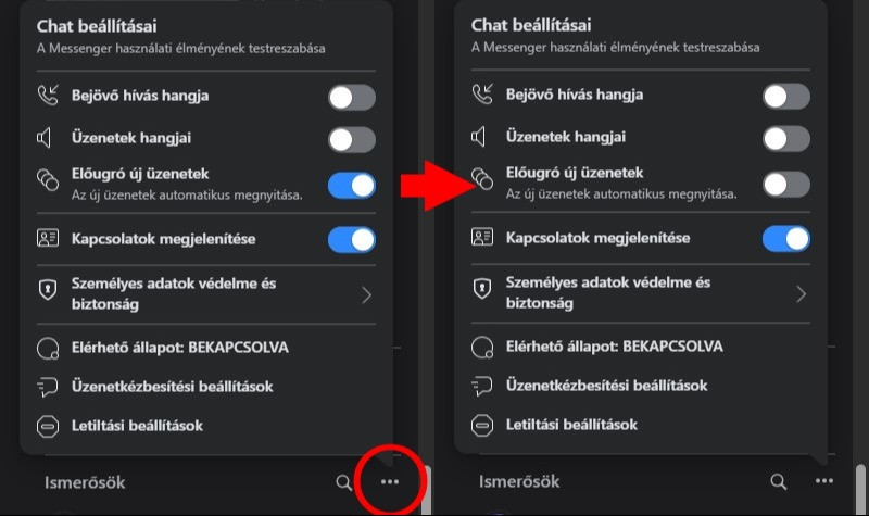 Az automatikusan felugró és megnyíló üzenetek kikapcsolása az asztali Facebook Messengerben. Forrás: Facebook képernyőkép/Infostart
