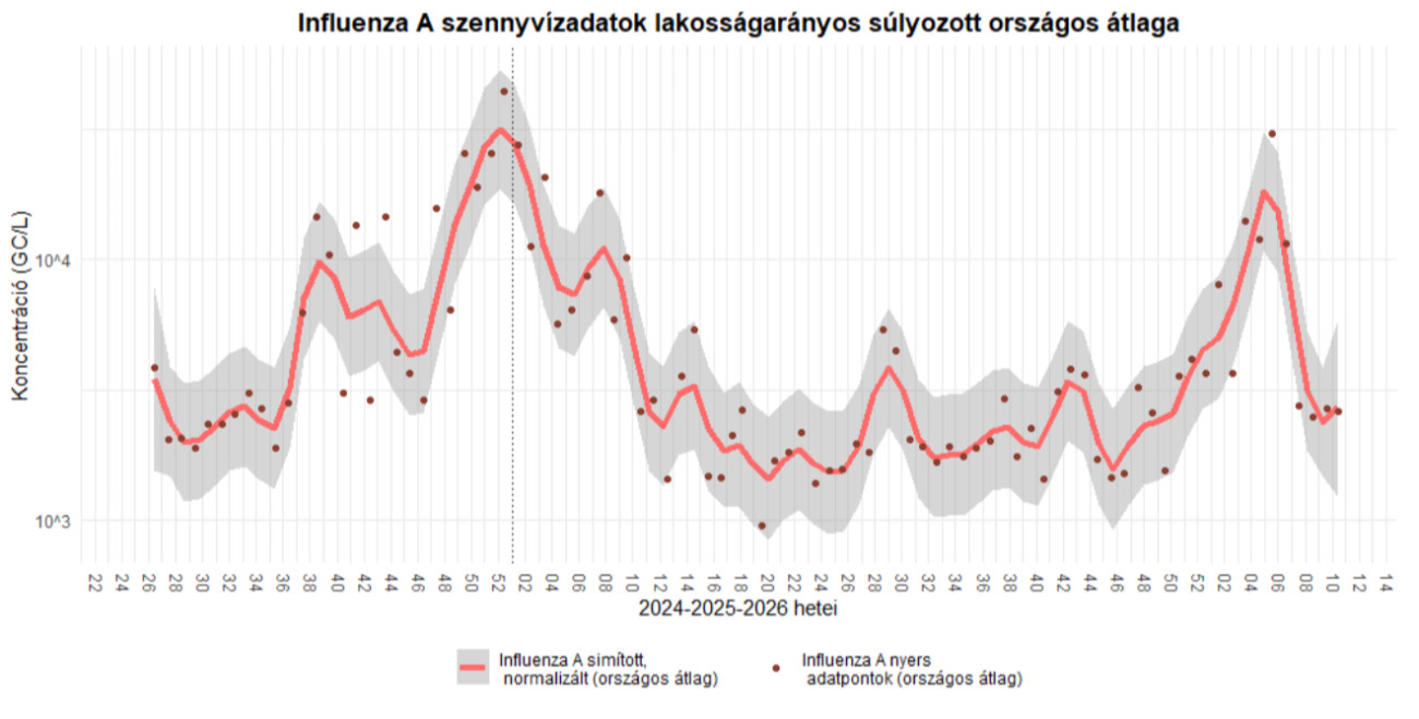 A szennyvízben mért Influenza A kópiaszám országos, lakosságarányos súlyozott átlaga. A véletlenszerű ingadozások hatásának kiszűrése érdekében nem-parametrikus regressziós LOWESS (LOcally WEighted Scatter-plot Smoother) módszer felhasználásával létrehozott simított görbe (piros). A narancssárga pontok a nyers adatokat mutatják, a szürke sáv a 95%-os konfidencia-intervallumot jelöli.