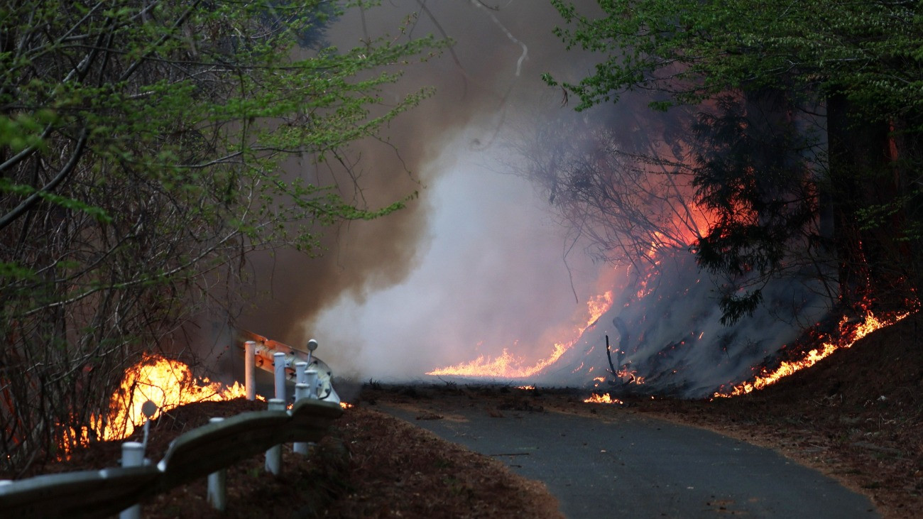 Ocucsi, 2026. április 24.
Erdõtûz lángjai a Japán északkeleti részén fekvõ Ocucsiban 2026. április 23-án.
MTI/EPA/Jiji Press