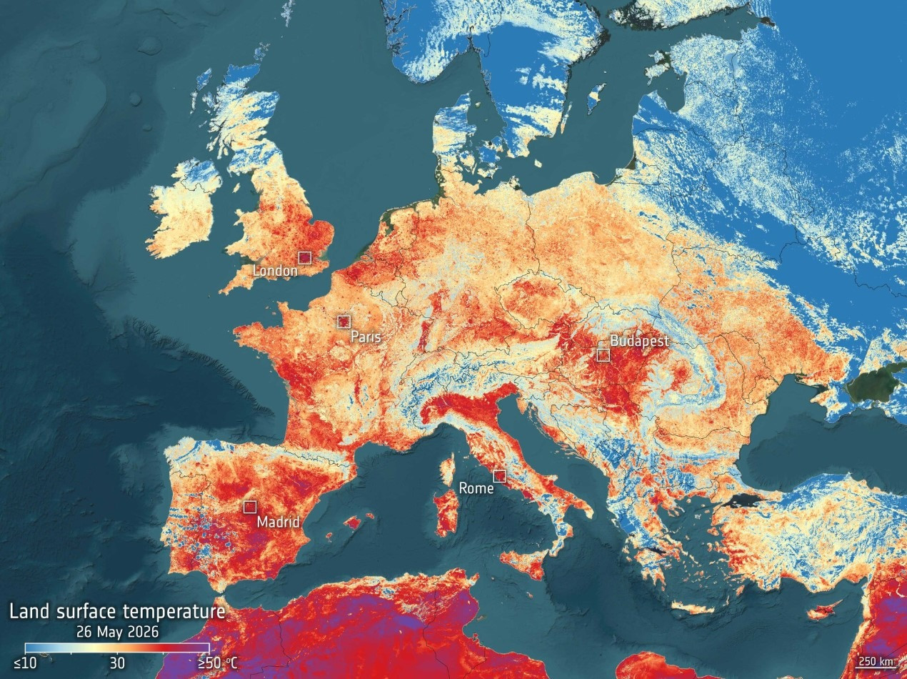 A Copernicus Sentinel-3 által készített felvétel a májusban Európára lecsapó hőhullámról. Forrás: Esa.int