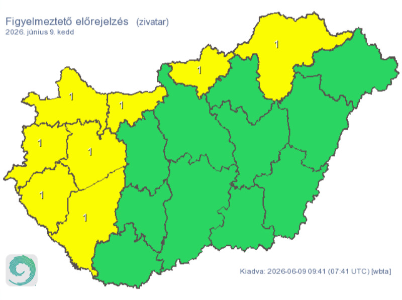 Riasztás zivatarra nyolc megyében 2026. június 9-én