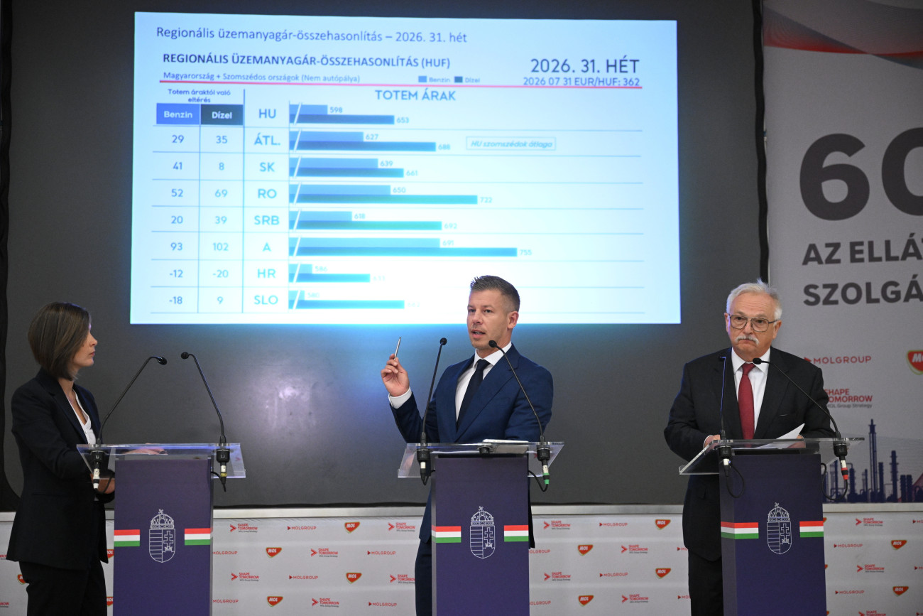 Százhalombatta, 2026. július 31.
Magyar Péter miniszterelnök (k), Hernádi Zsolt, a Mol elnök-vezérigazgatója és Szondi Vanda kormányszóvivõ a Mol Dunai Finomítójában tartott sajtótájékoztatón Százhalombattán 2026. július 31-én.
MTI/Purger Tamás
