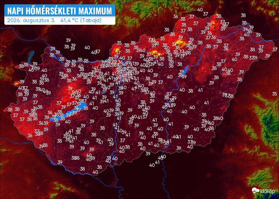 A 2026. augusztus 3-án mért napi hőmérsékleti maximumok. Forrás: Időkép